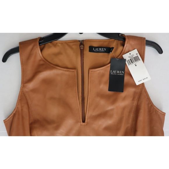 Lauren Ralph Lauren Women Sz 6 Brown Lamb Leather Sleeveless Sheath Dress $595 - Picture 7 of 13
